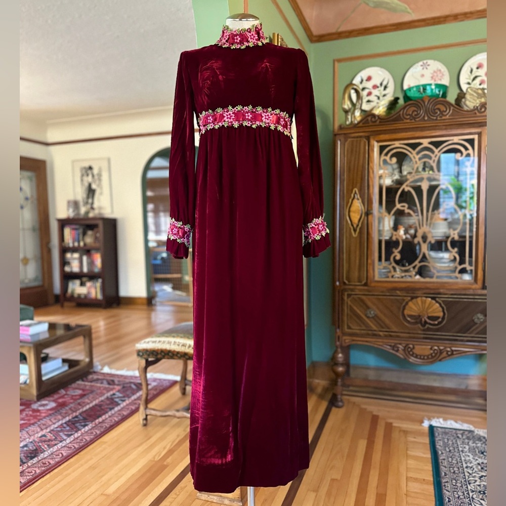 1970s Velvet Renaissance Revival Maxi Dress